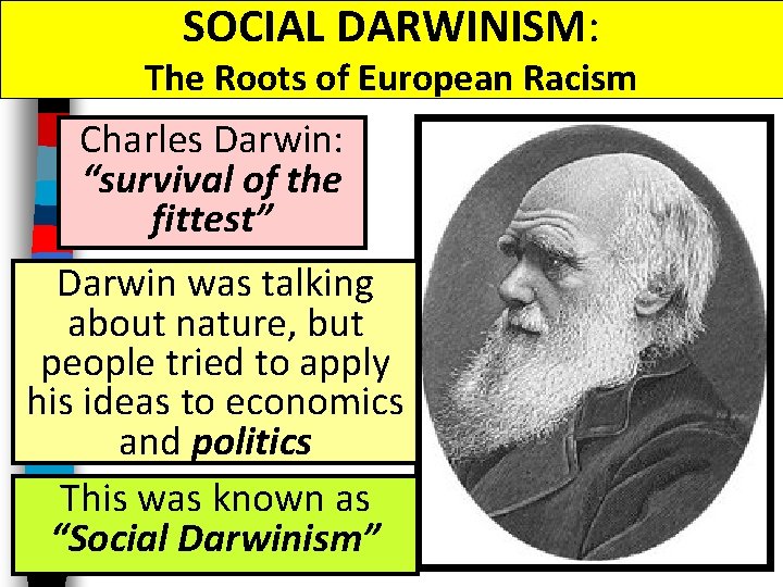 SOCIAL DARWINISM: The Roots of European Racism Charles Darwin: “survival of the fittest” Darwin