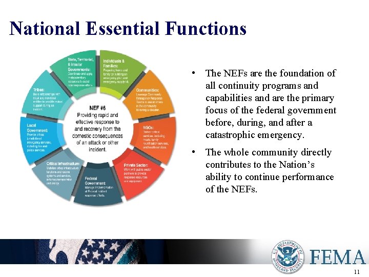 National Essential Functions • The NEFs are the foundation of all continuity programs and