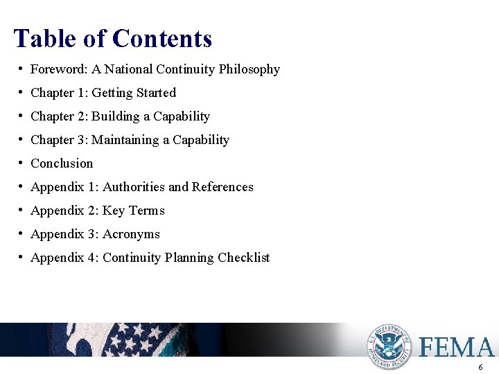 Table of Contents • Foreword: A National Continuity Philosophy • Chapter 1: Getting Started