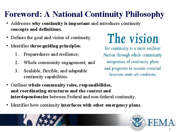Foreword: A National Continuity Philosophy • Addresses why continuity is important and introduces continuity