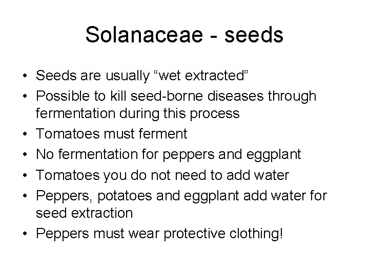 Solanaceae - seeds • Seeds are usually “wet extracted” • Possible to kill seed-borne