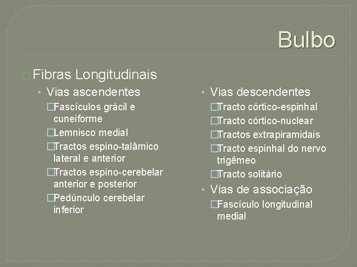 Bulbo � Fibras Longitudinais • Vias ascendentes �Fascículos grácil e cuneiforme �Lemnisco medial �Tractos