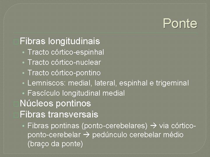 Ponte �Fibras • • • longitudinais Tracto córtico-espinhal Tracto córtico-nuclear Tracto córtico-pontino Lemniscos: medial,