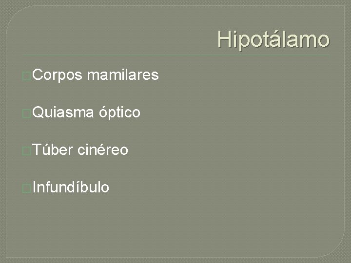 Hipotálamo �Corpos mamilares �Quiasma �Túber óptico cinéreo �Infundíbulo 