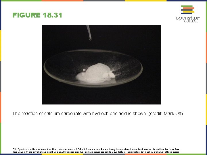 FIGURE 18. 31 The reaction of calcium carbonate with hydrochloric acid is shown. (credit: