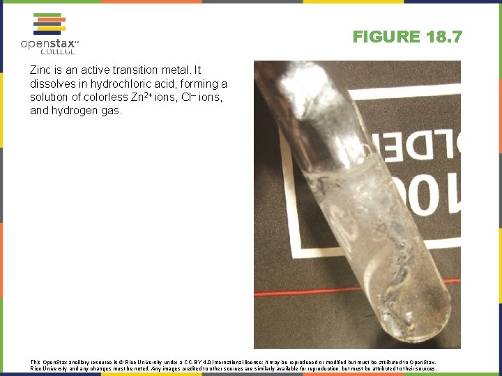 FIGURE 18. 7 Zinc is an active transition metal. It dissolves in hydrochloric acid,