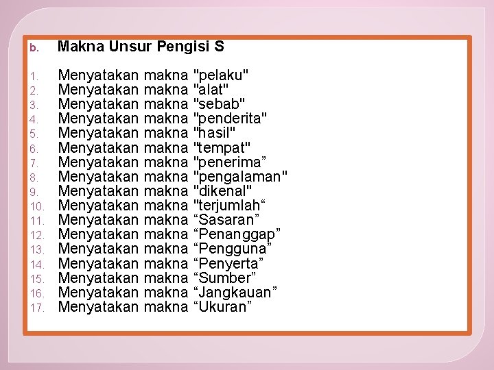 b. Makna Unsur Pengisi S 1. 2. 3. 4. 5. 6. 7. 8. 9.