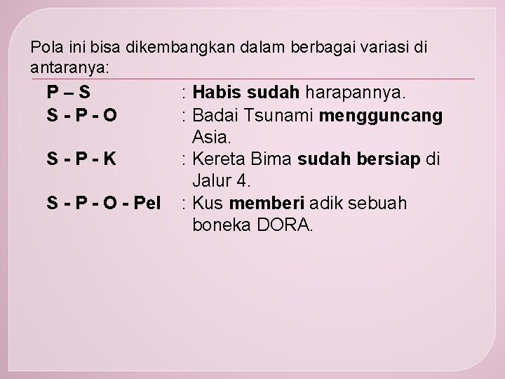 Pola ini bisa dikembangkan dalam berbagai variasi di antaranya: P–S S-P-O S-P-K S -