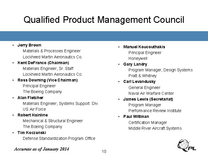 Qualified Product Management Council • Jerry Brown Materials & Processes Engineer Lockheed Martin Aeronautics