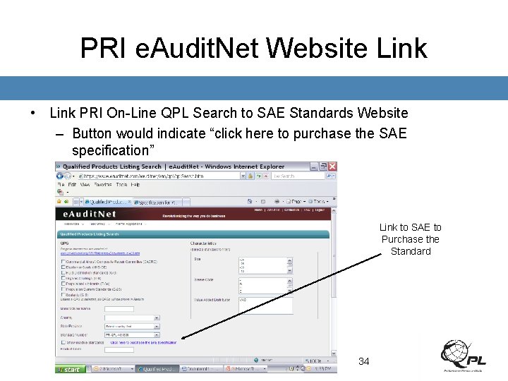 PRI e. Audit. Net Website Link • Link PRI On-Line QPL Search to SAE