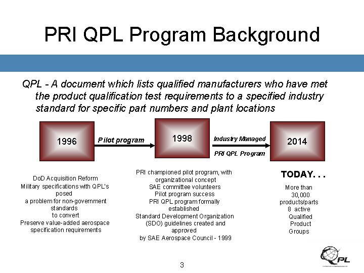 PRI QPL Program Background QPL - A document which lists qualified manufacturers who have