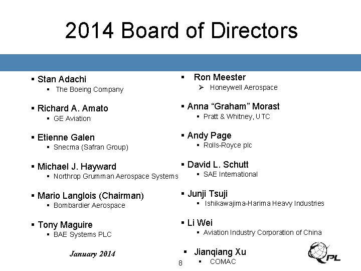 2014 Board of Directors § Stan Adachi § Ø Honeywell Aerospace § The Boeing