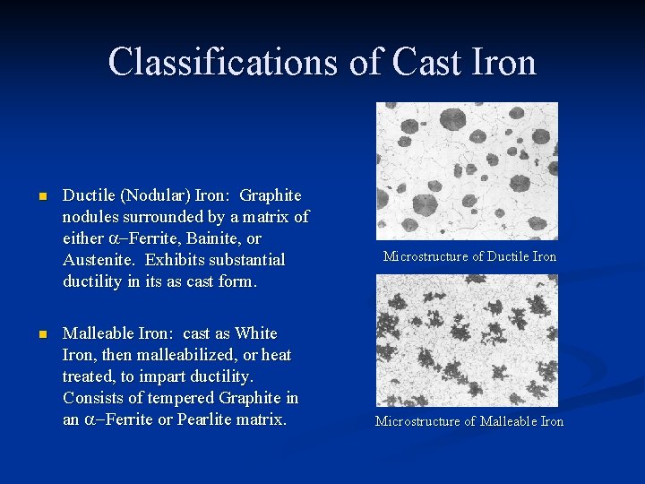Classifications of Cast Iron n n Ductile (Nodular) Iron: Graphite nodules surrounded by a