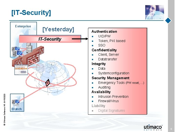 [IT-Security] Enterprise [Yesterday] IT-Security Authentication n UID/PW Token, PKI based SSO Confidentiality n n