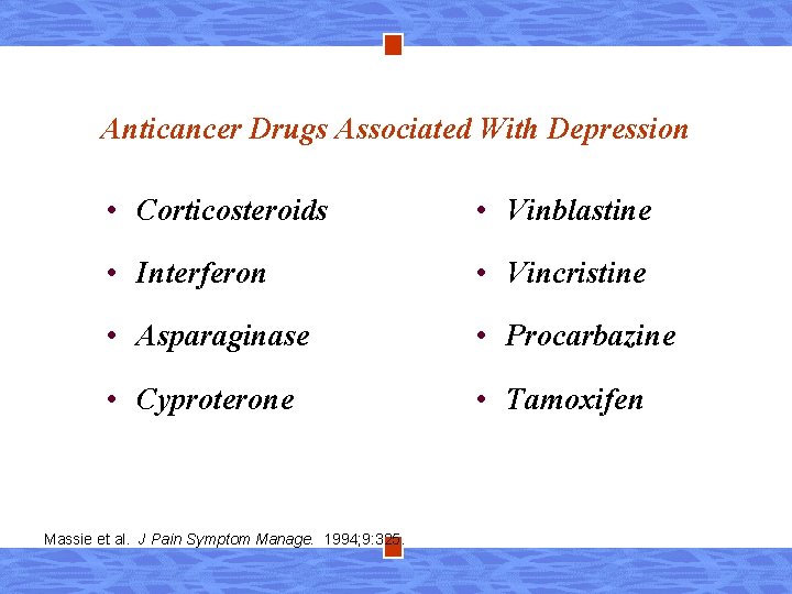 Anticancer Drugs Associated With Depression • Corticosteroids • Vinblastine • Interferon • Vincristine •