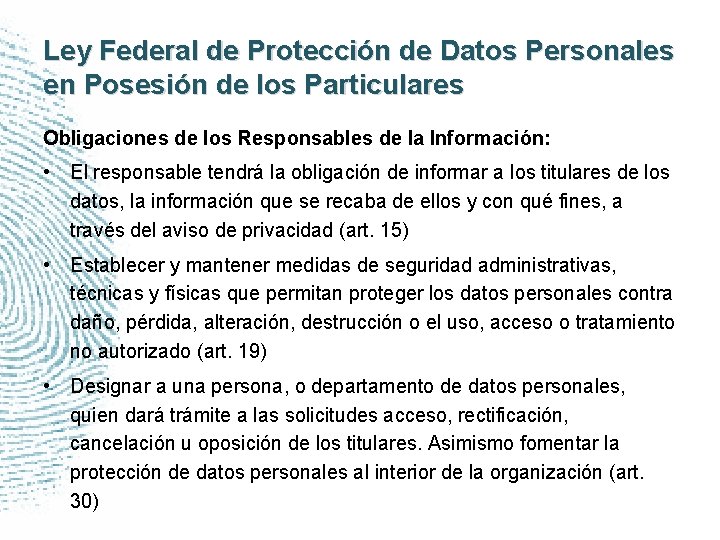 Ley Federal de Protección de Datos Personales en Posesión de los Particulares Obligaciones de