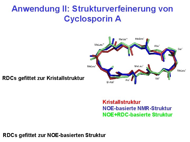 Anwendung II: Strukturverfeinerung von Cyclosporin A RDCs gefittet zur Kristallstruktur NOE-basierte NMR-Struktur NOE+RDC-basierte Struktur