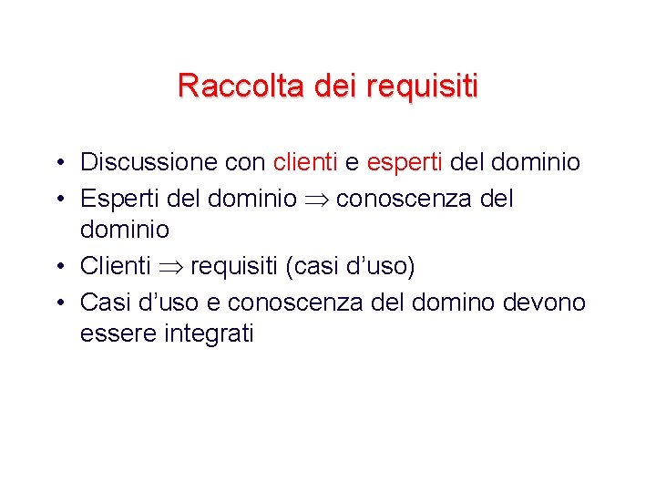 Raccolta dei requisiti • Discussione con clienti e esperti del dominio • Esperti del