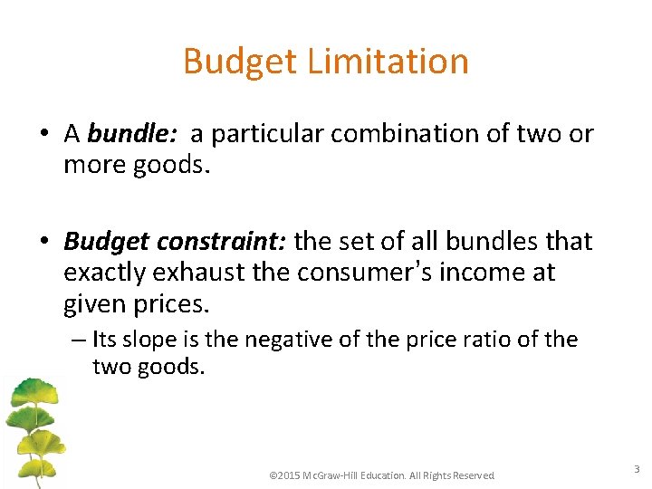 Budget Limitation • A bundle: a particular combination of two or more goods. •