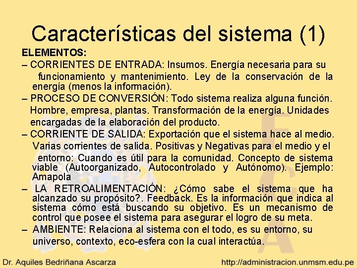 Características del sistema (1) ELEMENTOS: – CORRIENTES DE ENTRADA: Insumos. Energía necesaria para su