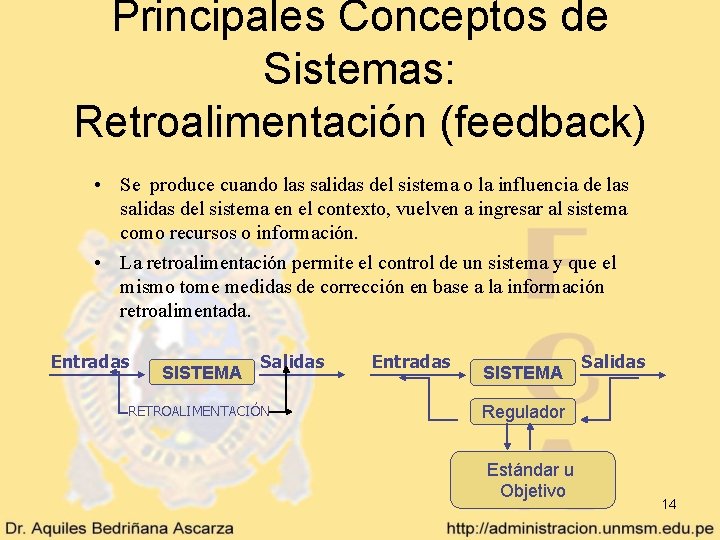 Principales Conceptos de Sistemas: Retroalimentación (feedback) • Se produce cuando las salidas del sistema