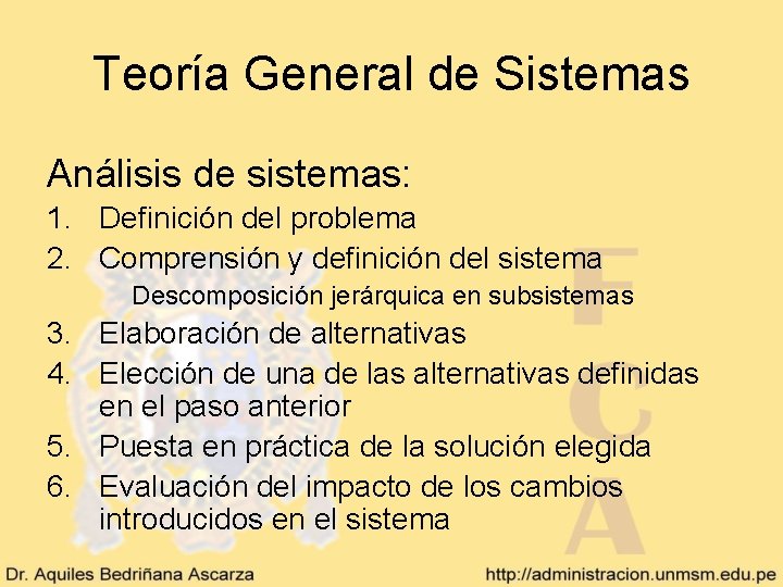 Teoría General de Sistemas Análisis de sistemas: 1. Definición del problema 2. Comprensión y