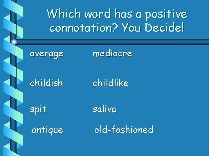 Which word has a positive connotation? You Decide! average mediocre childish childlike spit saliva