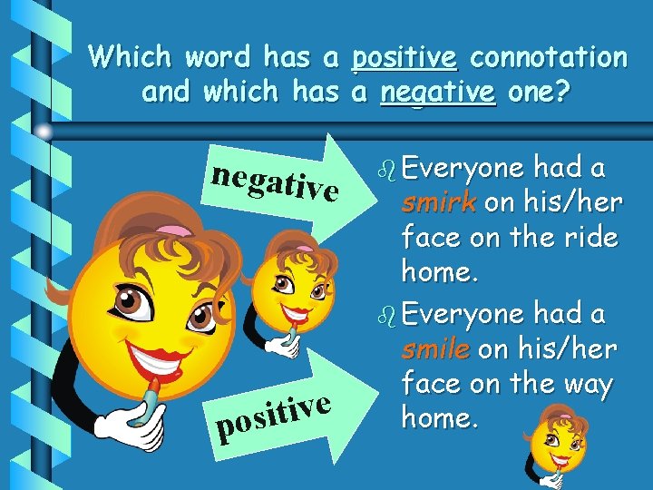 Which word has a positive connotation and which has a negative one? negative e