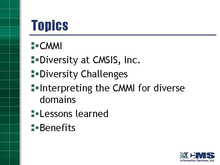 Topics CMMI Diversity at CMSIS, Inc. Diversity Challenges Interpreting the CMMI for diverse domains