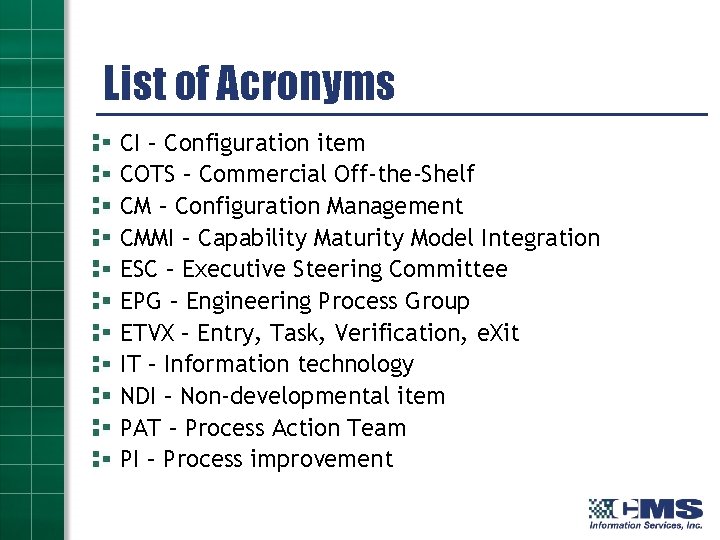 List of Acronyms CI – Configuration item COTS – Commercial Off-the-Shelf CM – Configuration