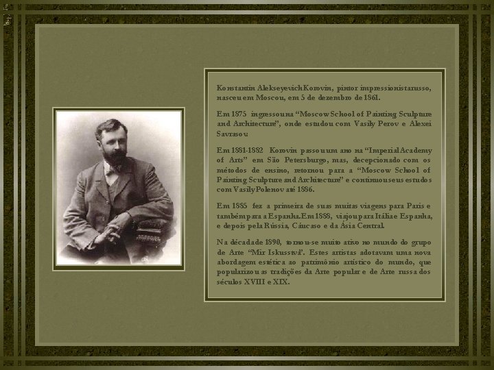 Konstantin Alekseyevich Korovin, pintor impressionistarusso, nasceu em Moscou, em 5 de dezembro de 1861. Konstantin Alekseyevich Korovin, pintor impressionistarusso, nasceu em Moscou, em 5 de dezembro de 1861.