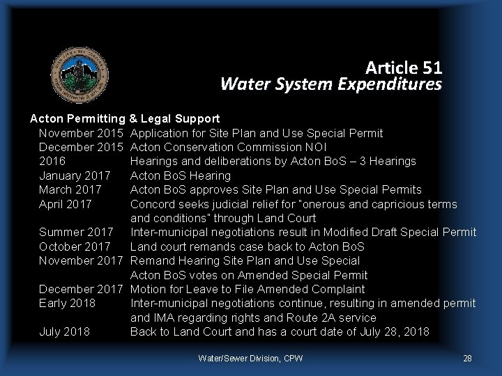 Article 51 Water System Expenditures Acton Permitting & Legal Support November 2015 Application for