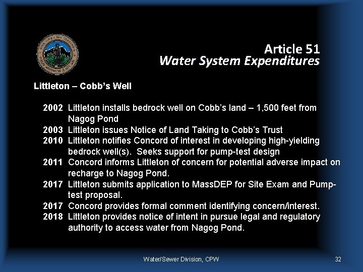 Article 51 Water System Expenditures Littleton – Cobb’s Well 2002 Littleton installs bedrock well