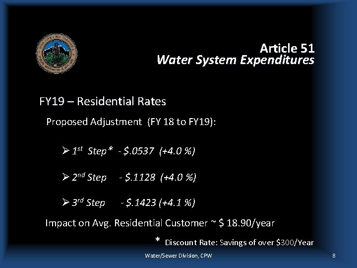 Article 51 Water System Expenditures FY 19 – Residential Rates Proposed Adjustment (FY 18