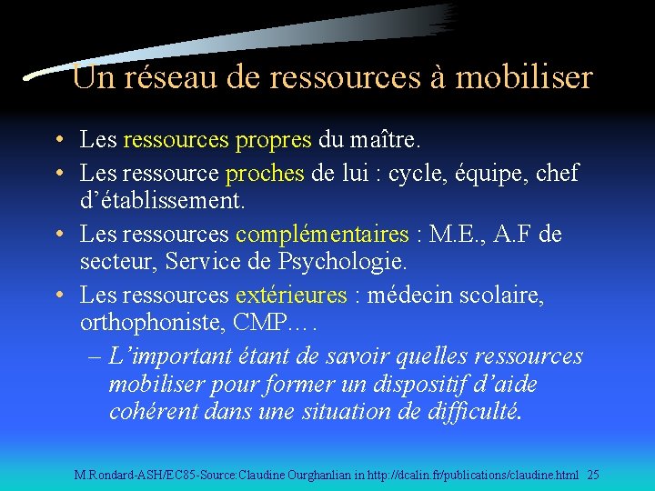 Un réseau de ressources à mobiliser • Les ressources propres du maître. • Les