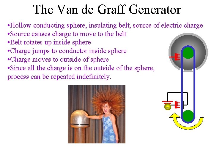 The Van de Graff Generator • Hollow conducting sphere, insulating belt, source of electric