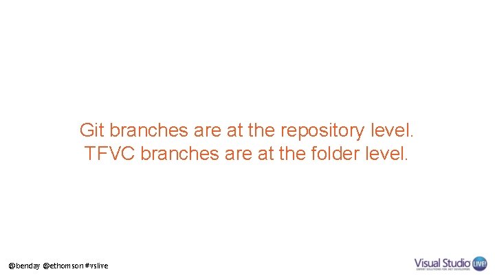Git branches are at the repository level. TFVC branches are at the folder level.