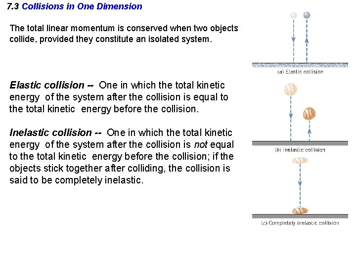 7. 3 Collisions in One Dimension The total linear momentum is conserved when two 7. 3 Collisions in One Dimension The total linear momentum is conserved when two
