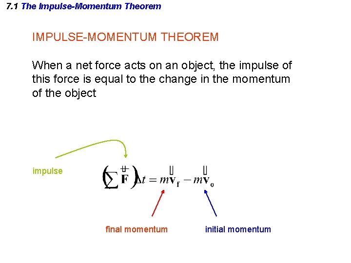 7. 1 The Impulse-Momentum Theorem IMPULSE-MOMENTUM THEOREM When a net force acts on an 7. 1 The Impulse-Momentum Theorem IMPULSE-MOMENTUM THEOREM When a net force acts on an