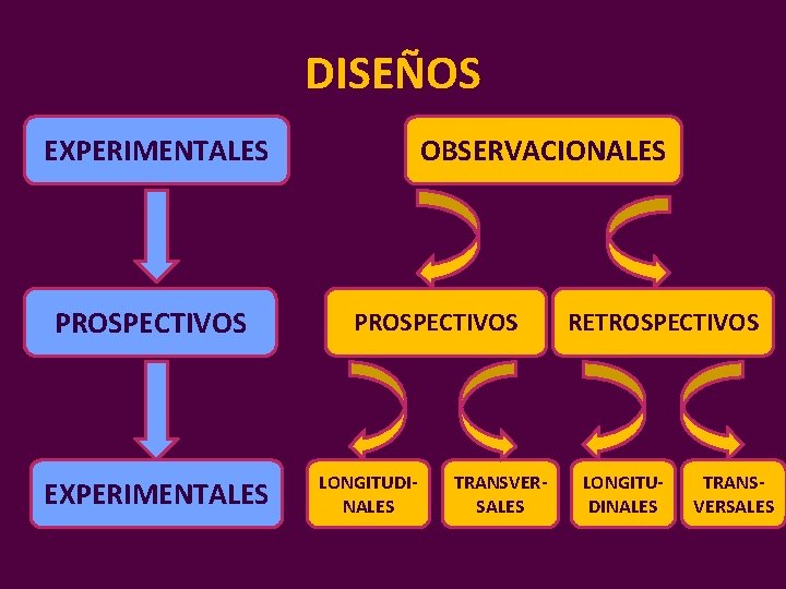 DISEÑOS EXPERIMENTALES PROSPECTIVOS EXPERIMENTALES OBSERVACIONALES PROSPECTIVOS LONGITUDINALES TRANSVERSALES RETROSPECTIVOS LONGITUDINALES TRANSVERSALES 