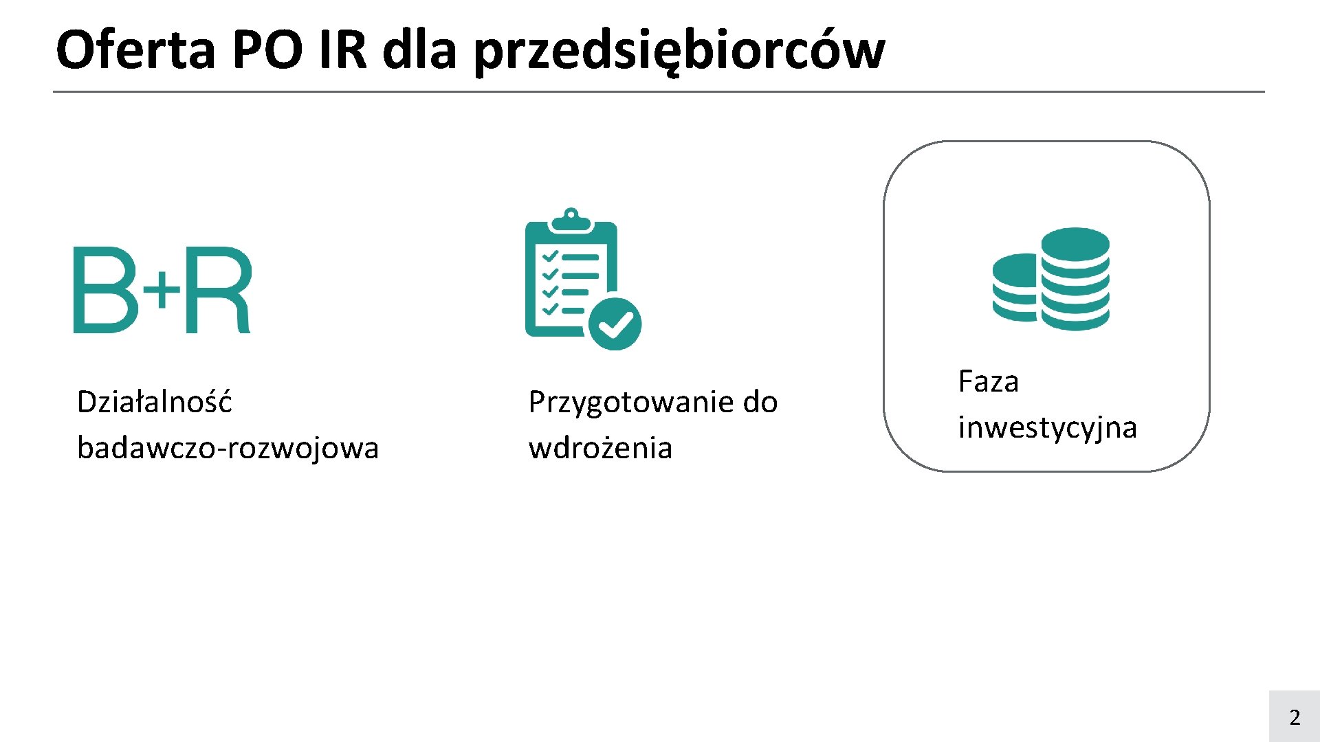 Oferta PO IR dla przedsiębiorców Działalność badawczo-rozwojowa Przygotowanie do wdrożenia Faza inwestycyjna 2 