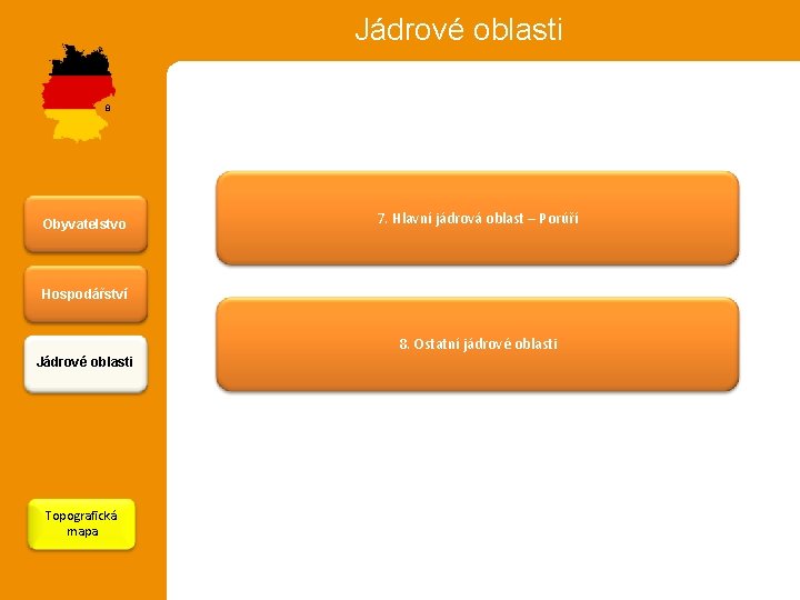 Jádrové oblasti 8 Obyvatelstvo 7. Hlavní jádrová oblast – Porúří Hospodářství 8. Ostatní jádrové