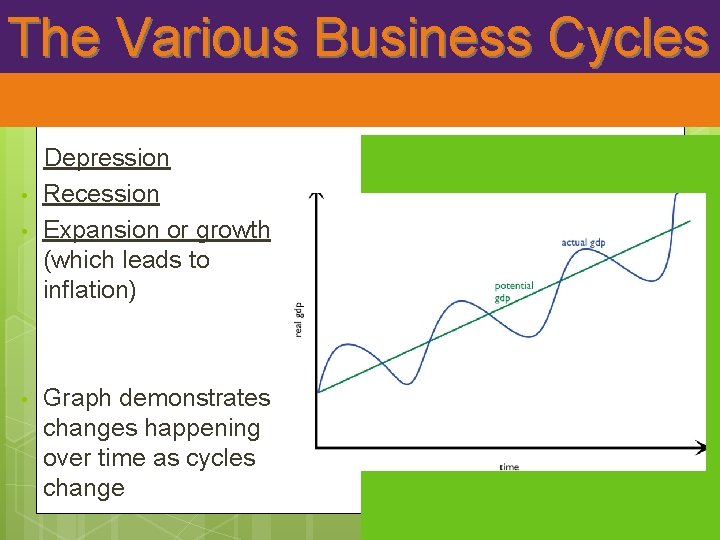 The Various Business Cycles • • • Depression Recession Expansion or growth (which leads