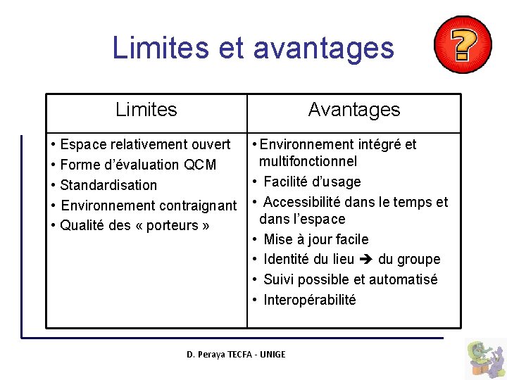 Limites et avantages Limites Avantages • Espace relativement ouvert • Environnement intégré et multifonctionnel