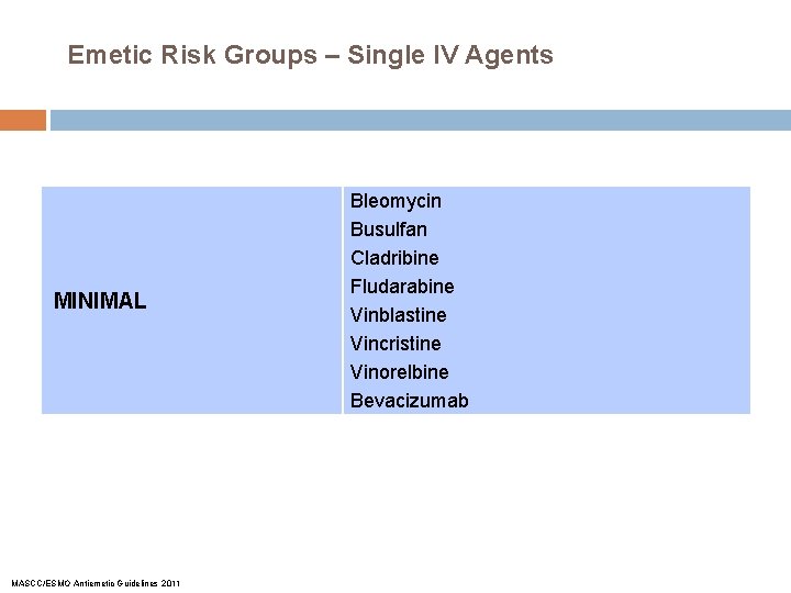 Emetic Risk Groups – Single IV Agents MINIMAL MASCC/ESMO Antiemetic Guidelines 2011 Bleomycin Busulfan Emetic Risk Groups – Single IV Agents MINIMAL MASCC/ESMO Antiemetic Guidelines 2011 Bleomycin Busulfan