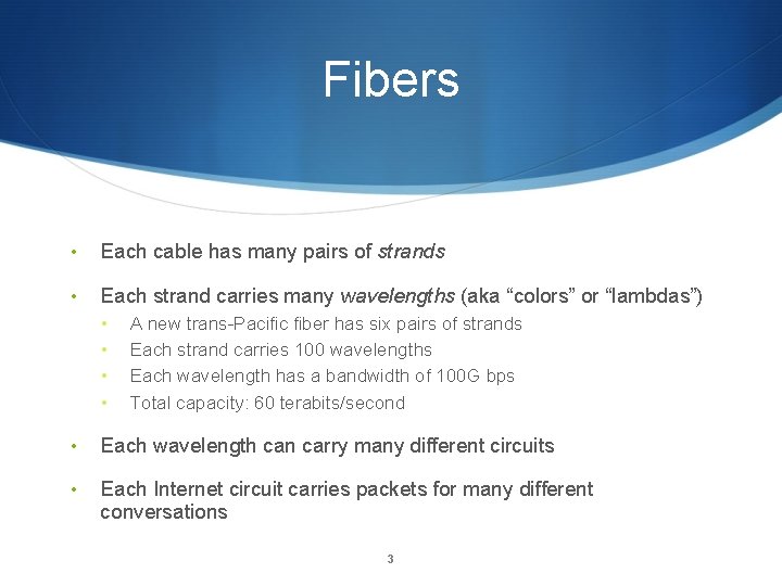 Fibers • Each cable has many pairs of strands • Each strand carries many