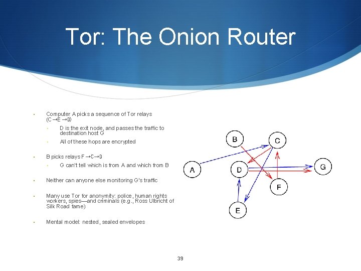 Tor: The Onion Router • • Computer A picks a sequence of Tor relays