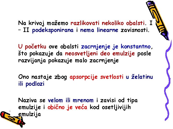 Na krivoj možemo razlikovati nekoliko obalsti. I – II podeksponirana i nema linearne zavisnosti.