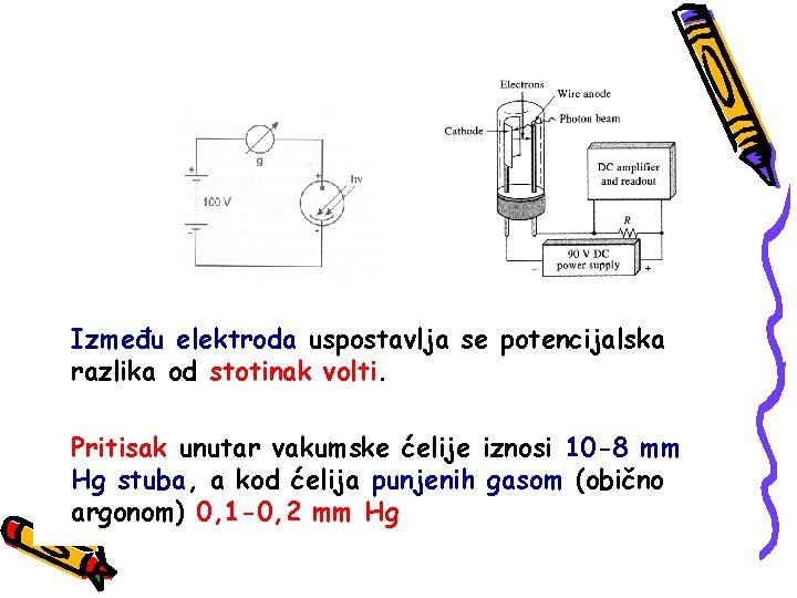 Između elektroda uspostavlja se potencijalska razlika od stotinak volti. Pritisak unutar vakumske ćelije iznosi