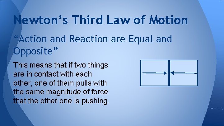 Newton’s Third Law of Motion “Action and Reaction are Equal and Opposite” This means